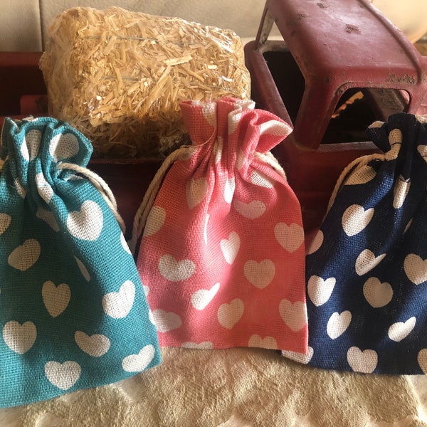 Heart burlap goodie bag/Valentine's Day gift bag/Small reusable party favor bag for jewelry, candy, cookies and more