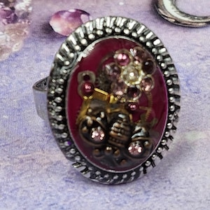 Crimson Clockwork Bloom Ring – Steampunk Butterfly Garden, Adjustable Statement Ring, Vintage Gothic Fantasy Jewelry