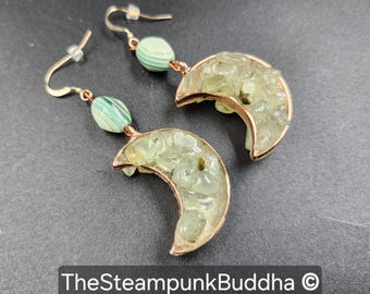 Prehnite Crescent Moon Earrings: Rose Gold Plated, Hypoallergenic Dangles