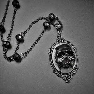 Hand-Painted Black Skull Cameo Necklace: Gothic Horror Pendant