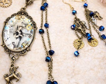 The Clockwork Masquerade — Steampunk Unicorn Necklace & Matching Earrings Set