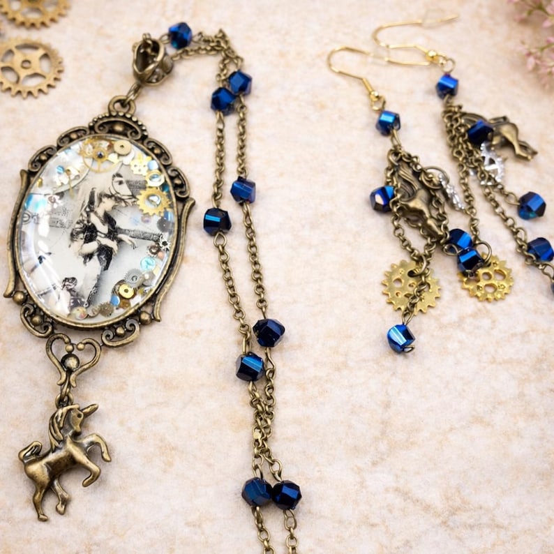 The Clockwork Masquerade — Steampunk Unicorn Necklace & Matching Earrings Set image 1