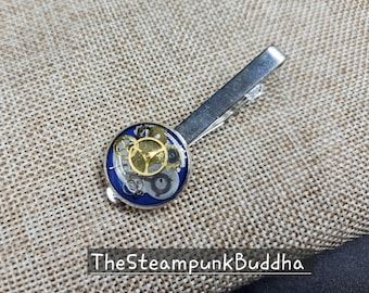 Alfiler de corbata Steampunk azul: accesorio de relojería y equipo hecho a mano