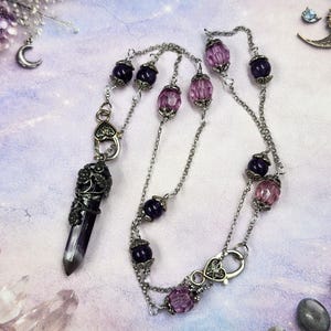Amethyst Crystal Pendulum Necklace: Witchy Beaded Handmade Jewelry