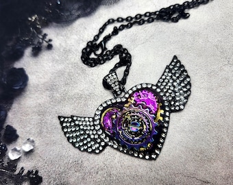 Steampunk Heart Wing Necklace | Gothic Gear Pendant | Black & Purple Statement Necklace | Industrial Jewelry | Alternative Fashion Gift