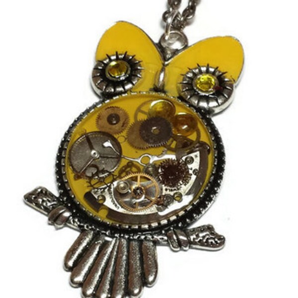 Yellow Steampunk Owl Pendant Necklace