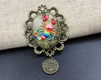 Rainbow Scorpio Cameo Brooch: Zodiac Scorpion Pin, Antique Bronze