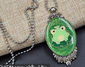 Glitter Frog Pendant Necklace: Kawaii Cottagecore Toad Jewelry