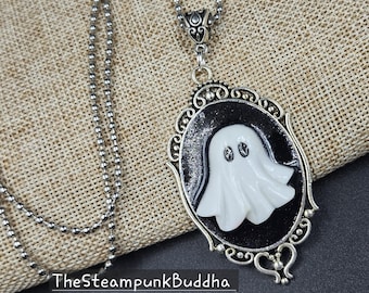 Ghost Necklace with Black Glitter Frame | Spooky Gothic Jewelry | Handmade Creepy Ghost Pendant