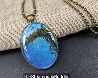 On the Lake, hand painted Necklace, Custom Painting in a Necklace