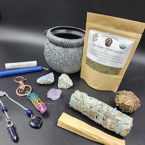 Witchy Gift Set with Cauldron | Dried Rue | Sage, Pendulum, Keychain & Stones