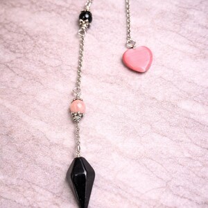 Black Obsidian Pendulum with Pink Cat’s Eye Heart – Divination & Protection Tool