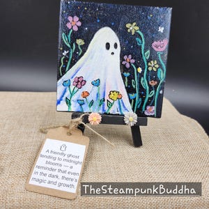 Midnight Gardener – Mini Ghost Painting on Easel (4x4 Original Art) by Rebecca Epp
