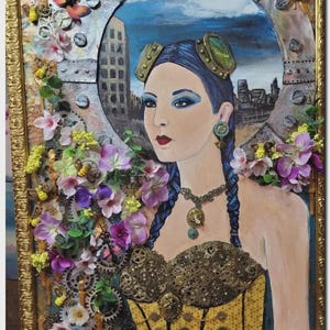 May include: A mixed media artwork in a gold frame featuring a portrait of a person with blue braided hair, goggles, and a gear-adorned bodice. The scene includes artificial flowers, metallic gears, and bees against a city skyline background.