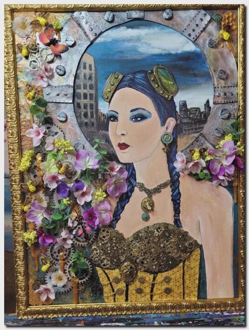 May include: A mixed media artwork in a gold frame featuring a portrait of a person with blue braided hair, goggles, and a gear-adorned bodice. The scene includes artificial flowers, metallic gears, and bees against a city skyline background.