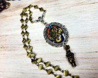 Steampunk White Rabbit Necklace | Alice in Wonderland Inspired Pendant | Bronze & Silver Mixed Metal Jewelry | Clockwork Rabbit Gift