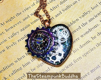 Mechanical Daydream - Whimsical Steampunk Gear Necklace – Iridescent Clockwork Heart Pendant