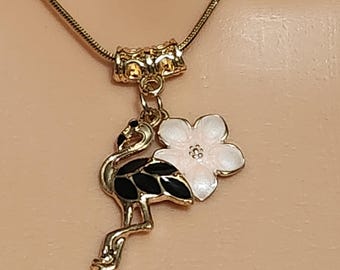 Black Flamingo Necklace with Pink Cherry Blossom, Gold Plated Chain