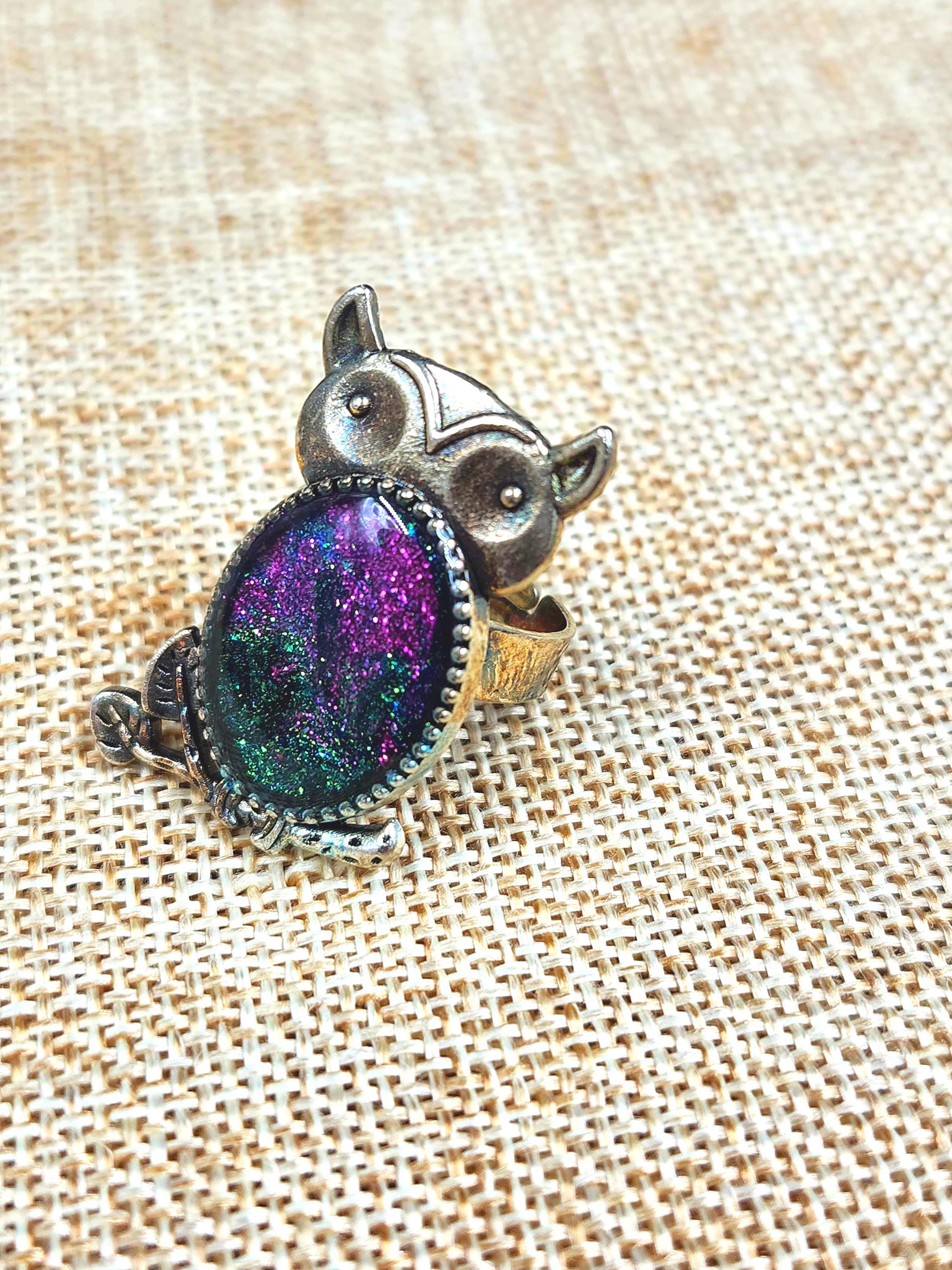 The Stardust Owl &mdash; Adjustable Owl Ring with Cosmic Glitter Design