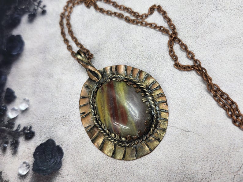 Ancient Forest Relic — Handmade Rainbow Petrified Wood & Copper Pendant | Artisan Fossilized Wood Stone Necklace Bild 1