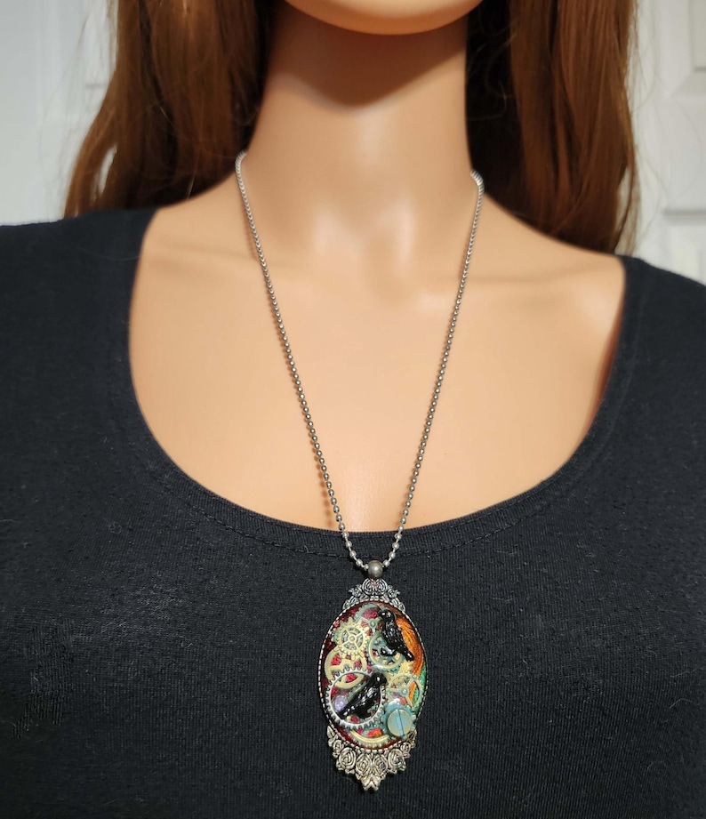Collier corbeau steampunk - Bijoux gothiques de corbeau avec engrenages mécaniques image 5
