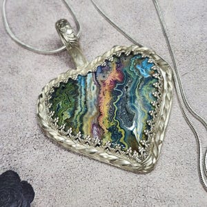 A Love Letter in Stone - Rainbow Crazy Lace Agate Druzy Heart Pendant: Sterling Silver