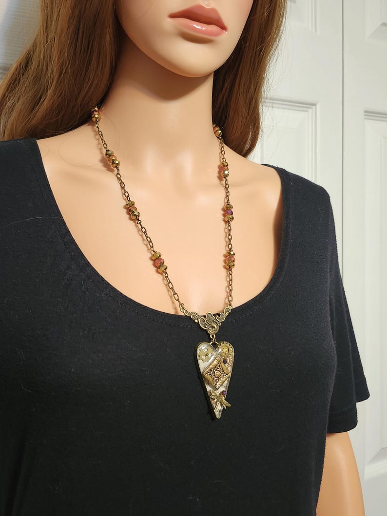Gilded Timekeeper’s Heart - Steampunk Necklace with Dragonfly & Vintage Cuckoo Clock Chain image 8