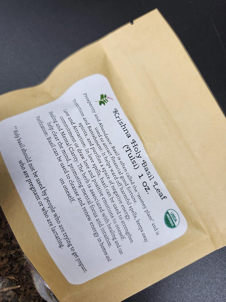 May include: A package of Krishna Holy Basil Leaf (Tulsi) 1 oz. The label includes information about the herb's uses for prosperity, protection, love, healing, and purification. The package has a USDA Organic seal.