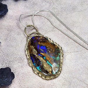 Earthfire Horizon, Australian Boulder Opal Necklace | Handmade Sterling Silver Pendant | Natural Blue Green Fire Opal