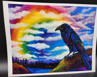The Over-Seer - Embellished Original Raven in Rainbow Clouds Art Print 8x10 by Rebecca Epp