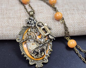 Steampunk Werewolf Necklace: Vintage Watch Parts, Lock & Key