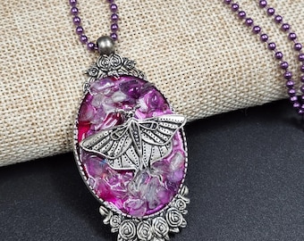 Purple Luna Moth with Rainbow Fluorite Necklace