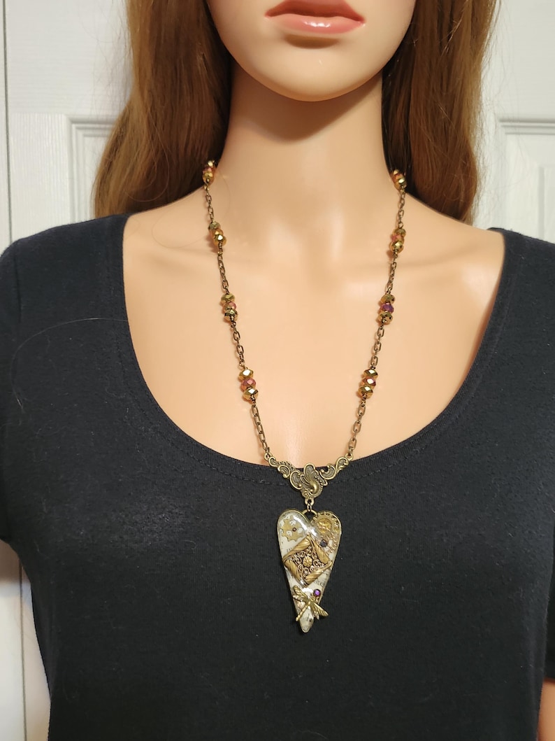 Gilded Timekeeper’s Heart - Steampunk Necklace with Dragonfly & Vintage Cuckoo Clock Chain image 3