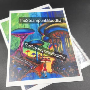 May include: Colorful art print featuring a whimsical mushroom forest scene with a figure holding a polka-dot umbrella. The artwork has vibrant blues, greens, and reds, with the text "TheSteampunkBuddha" overlaid on the image.