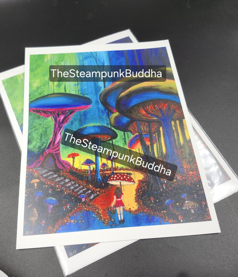 May include: Colorful art print featuring a whimsical mushroom forest scene with a figure holding a polka-dot umbrella. The artwork has vibrant blues, greens, and reds, with the text "TheSteampunkBuddha" overlaid on the image.