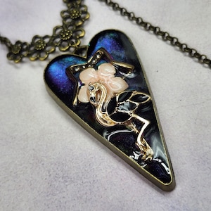 The Vessel's Heart Necklace, Dark Music Sleep-Inspired Pendant, Black Flamingo Jewelry, Pink Flower Necklace, Token Gift