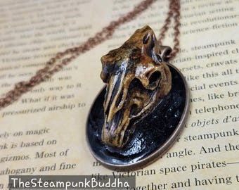 Gothic Horse Skull Cameo Necklace, Dark Western Steampunk Jewelry, Rustic Copper Statement Pendant