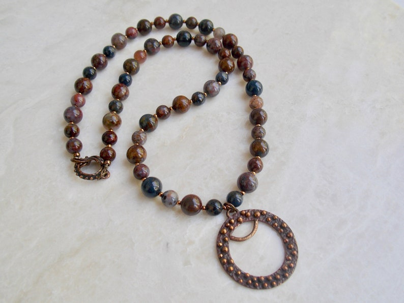Pietersite Necklace, Saki Bronze Dimpled Round Pendant, Highly Polished Brown, Gray, Blue Pietersite Necklace image 3