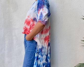 Salmon and Blue Hand Tie-dyed top with long back/ asymmetrical top/ Cotton top