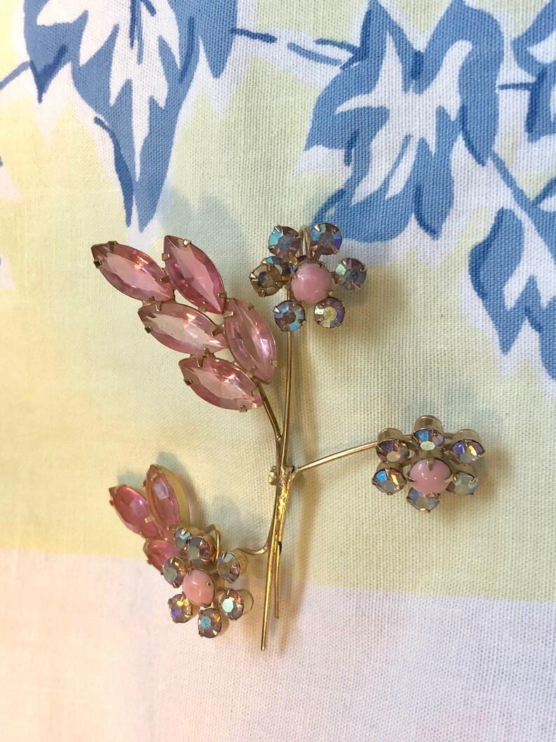 Vintage Large Flower Brooch Gold Backed Pink Iridescent Stone Pastel Women\u2019s 1960\u2019s Jewelry Costume Twig Style
