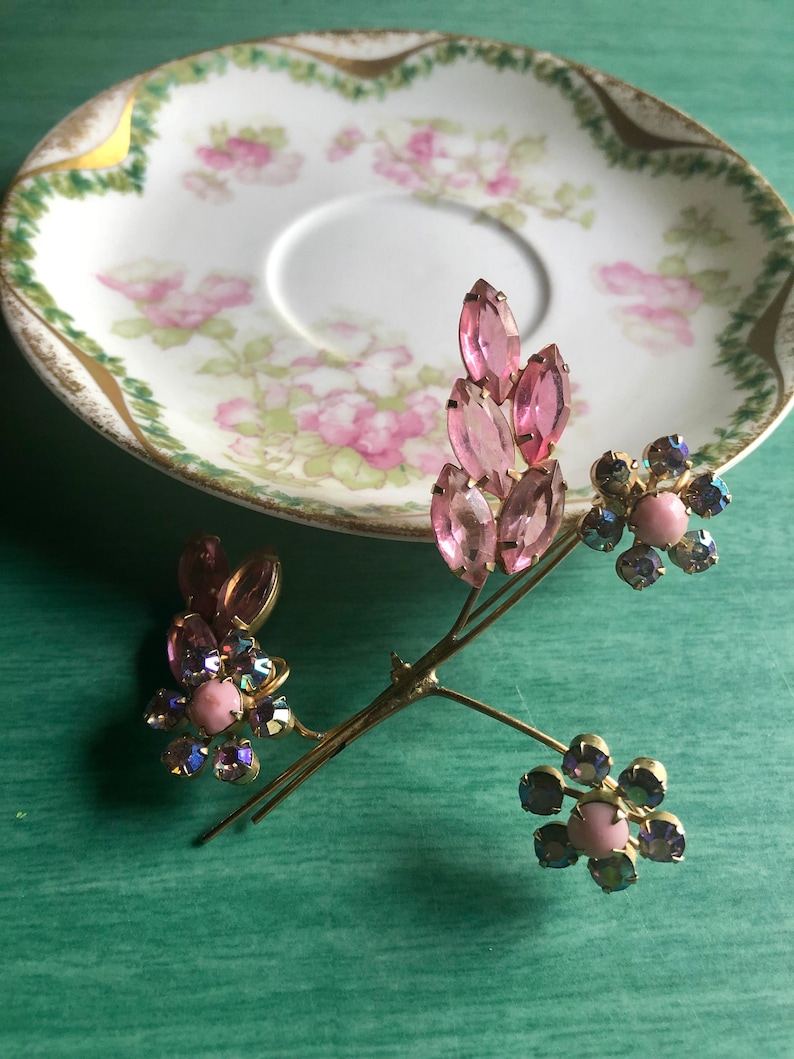 Vintage Large Flower Brooch Gold Backed Pink Iridescent Stone Pastel Women\u2019s 1960\u2019s Jewelry Costume Twig Style