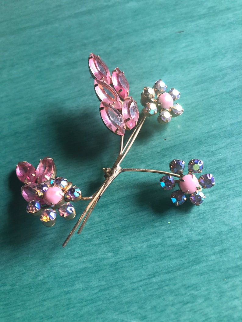 Vintage Large Flower Brooch Gold Backed Pink Iridescent Stone Pastel Women\u2019s 1960\u2019s Jewelry Costume Twig Style