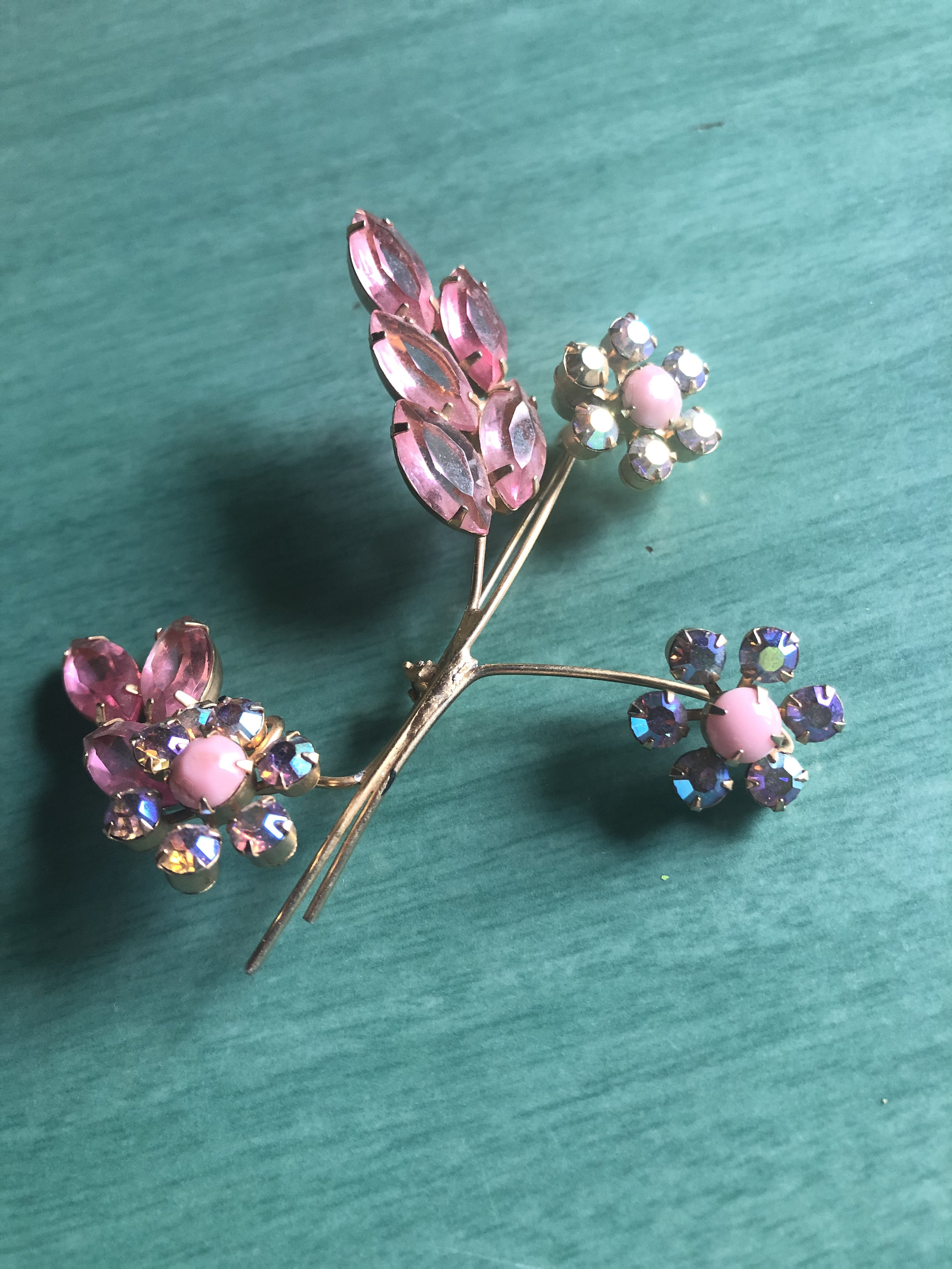 Vintage Large Flower Brooch Gold Backed Pink Iridescent Stone Pastel Women\u2019s 1960\u2019s Jewelry Costume Twig Style