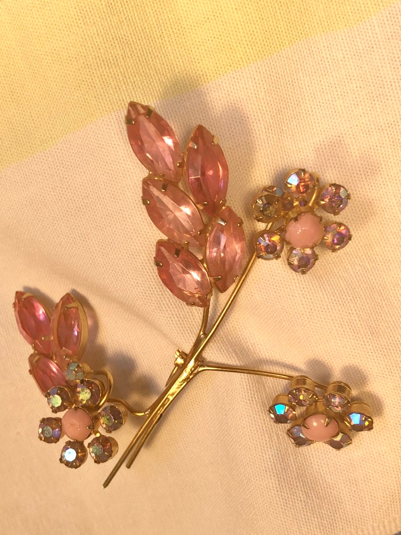 Vintage Large Flower Brooch Gold Backed Pink Iridescent Stone Pastel Women\u2019s 1960\u2019s Jewelry Costume Twig Style