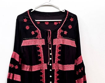 Beautiful Black & Maroon Embroidered Peasant Blouse Tunic