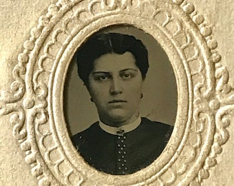 Antique Tintype of a Dark Eyed Woman with a Polkadot Tie