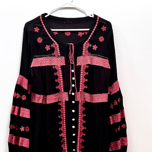 Beautiful Black & Maroon Embroidered Peasant Blouse Tunic