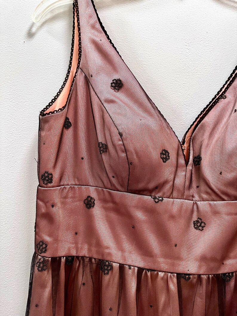 May include: A sleeveless, blush pink tulle dress with black floral embroidery. The dress has a V-neckline and a fitted bodice.