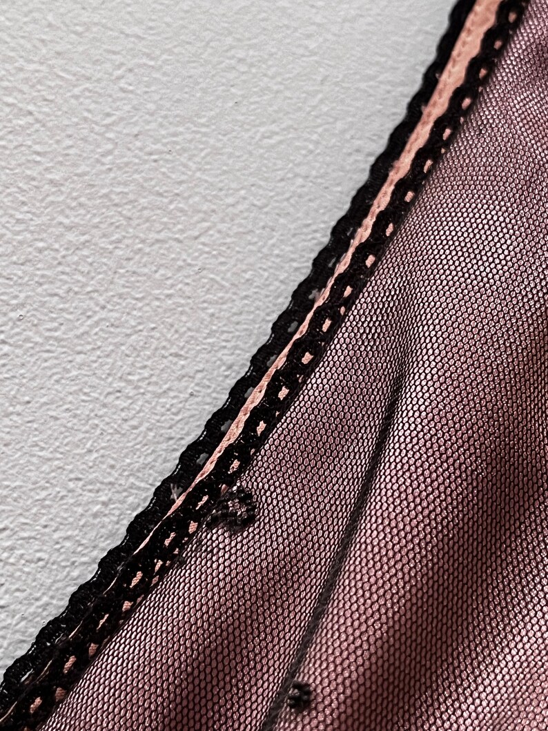 May include: Close-up of a sheer pink fabric with a black lace trim. The fabric has a fine mesh pattern.