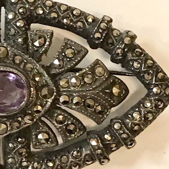 Antique Regal Amethyst and Marcasite Brooch - image 5